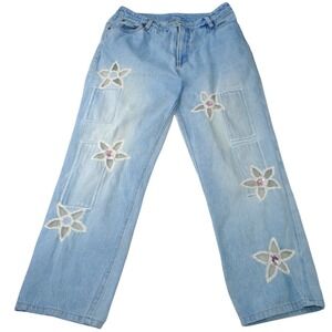 Jeanology Newport News Womens Jeans Star Mesh Cutouts Embellished Denim Sz 16